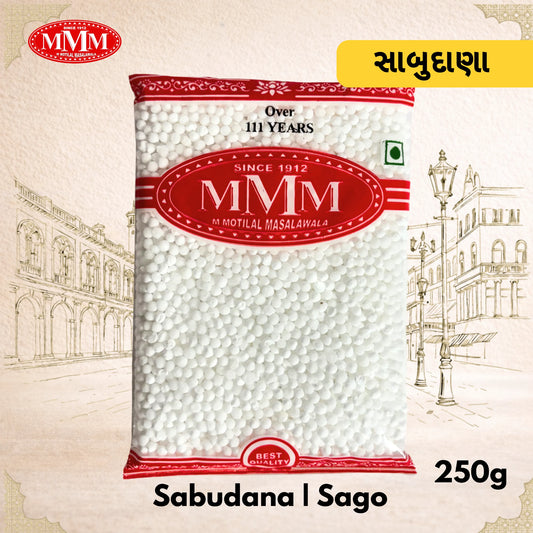 MMM Sabudana Sago package with red and white design on a beige background