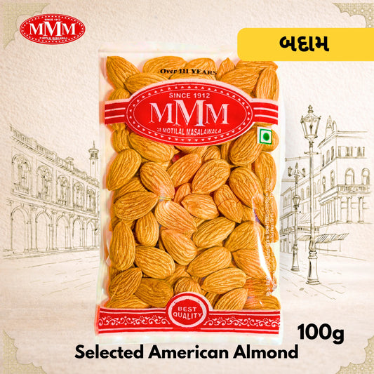 Packaged almonds with MMM brand logo on a decorative background