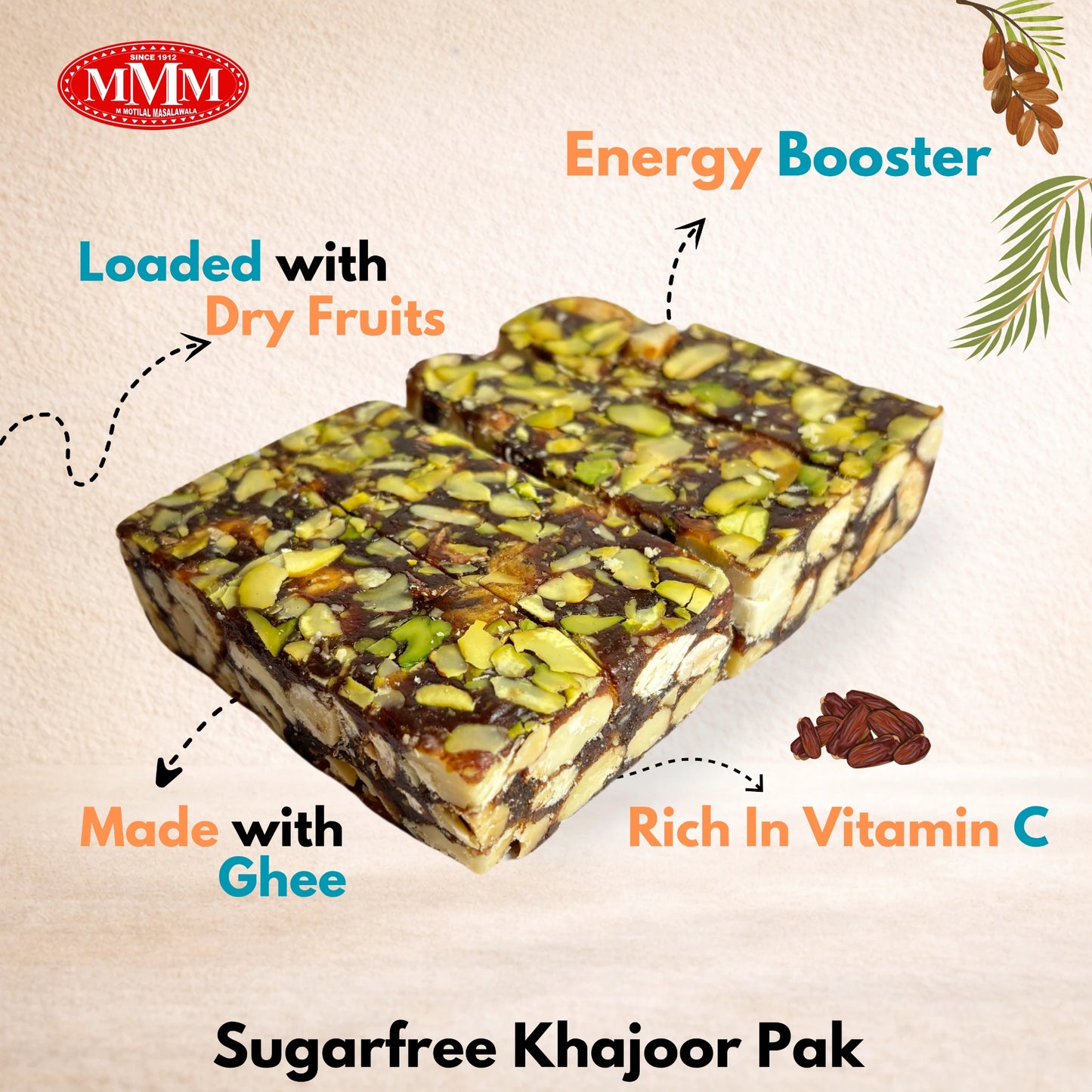 Sugarfree Khajoor Pak with text highlighting its features on a beige background