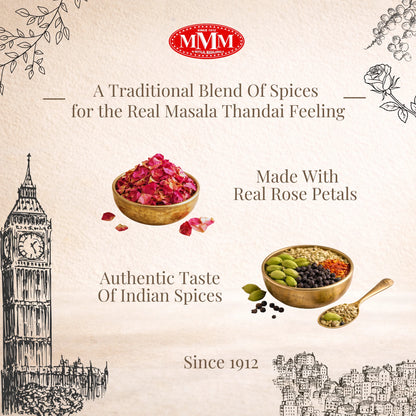 Advertisement for MMM with rose petals and spice bowl of ingredients used in thandai masala 