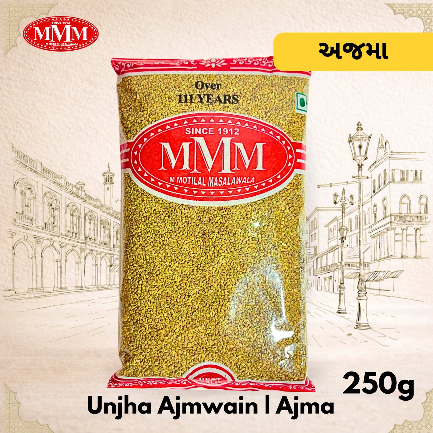 Bag of Unjha Ajmwain Ajma with MMM logo on a decorative background