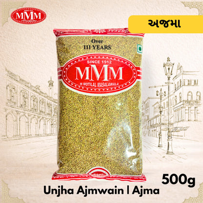 Bag of Unjha Ajmwain with MMM logo on a decorative background
