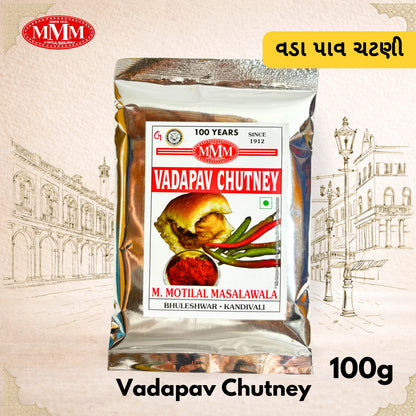 Packaging of Mumbai Vada Pav Chutney by M Motilal Masalawala in a 100g bag.