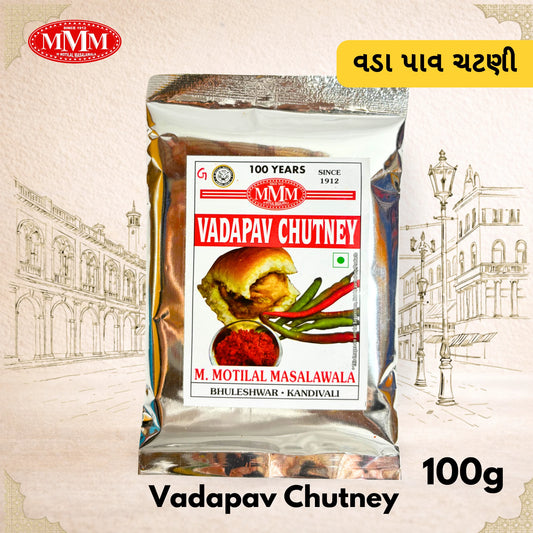 Packaging of Mumbai Vada Pav Chutney by M Motilal Masalawala in a 100g bag.