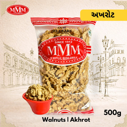 Packaged walnuts with MMM logo on a decorative background