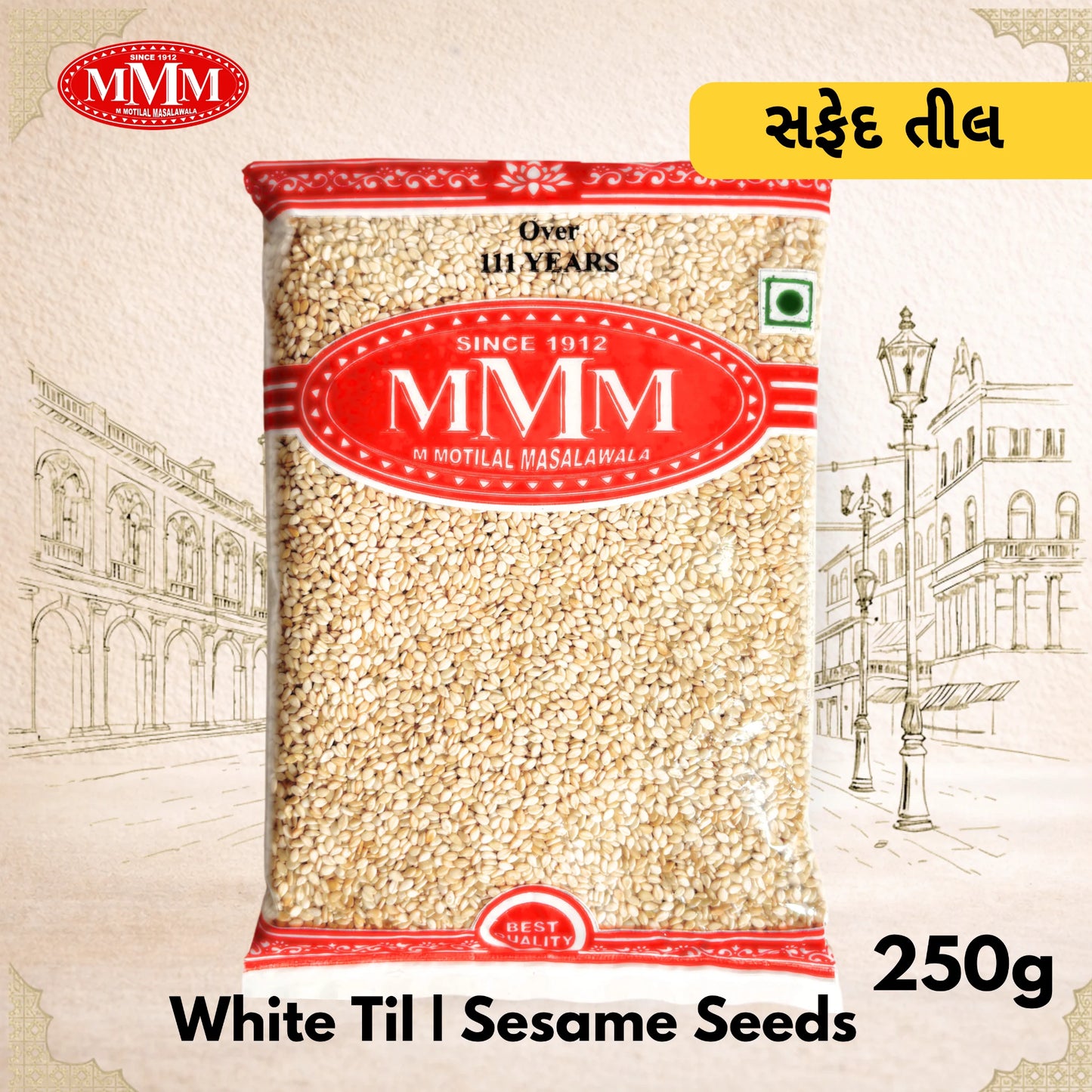 Pack of White Til Sesame Seeds with MMM logo on a decorative background
