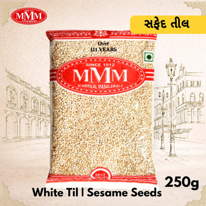 Pack of White Til Sesame Seeds with MMM logo on a decorative background