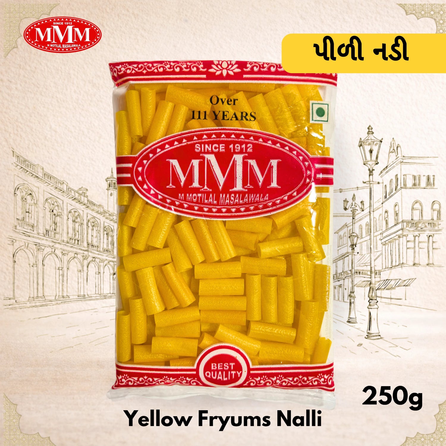 Packaged yellow fryums with MMM brand label on a decorative background