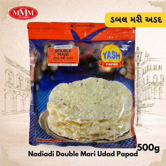 Packaged Nadiadi Double Mari Udad Papad with Yash Papad branding on a beige background