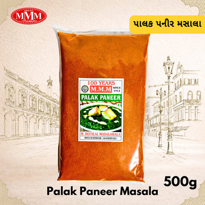 Bag of Palak Paneer Masala with M.M.M. logo on a decorative background