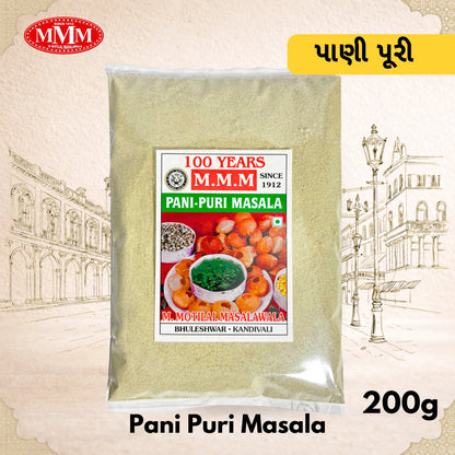 Pani Puri Masala package with M.M.M branding on a decorative background