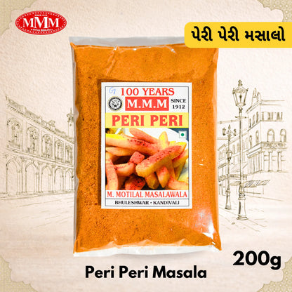 Peri Peri Masala packet with M.M.M logo and text on a decorative background