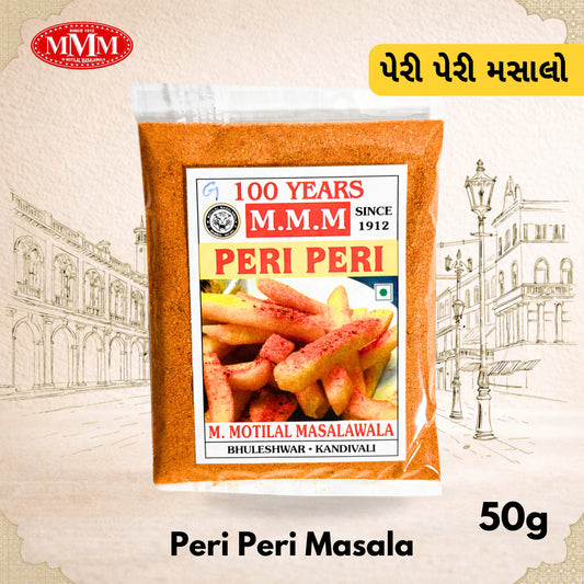 Peri Peri Masala packet with M.M.M logo and text on a decorative background