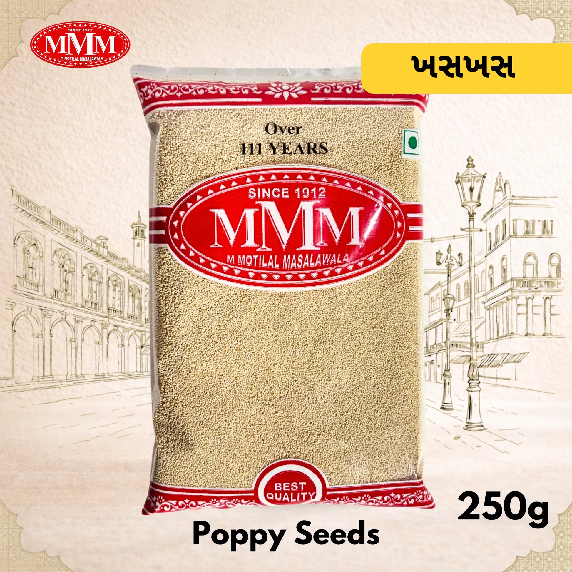 Bag of MMM Poppy Seeds with red and white design on a beige background