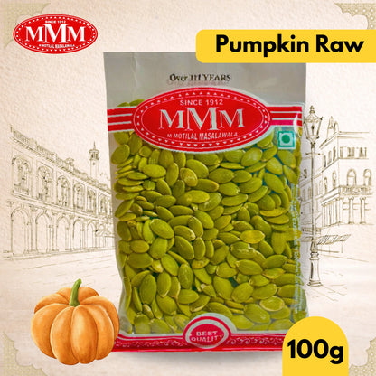 Packaged pumpkin seeds with MMM logo and pumpkin illustration on a decorative background