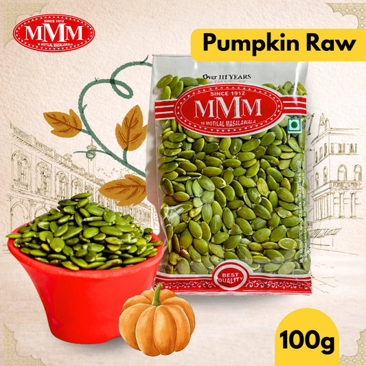 Packaged pumpkin seeds with MMM logo and text on a decorative background
