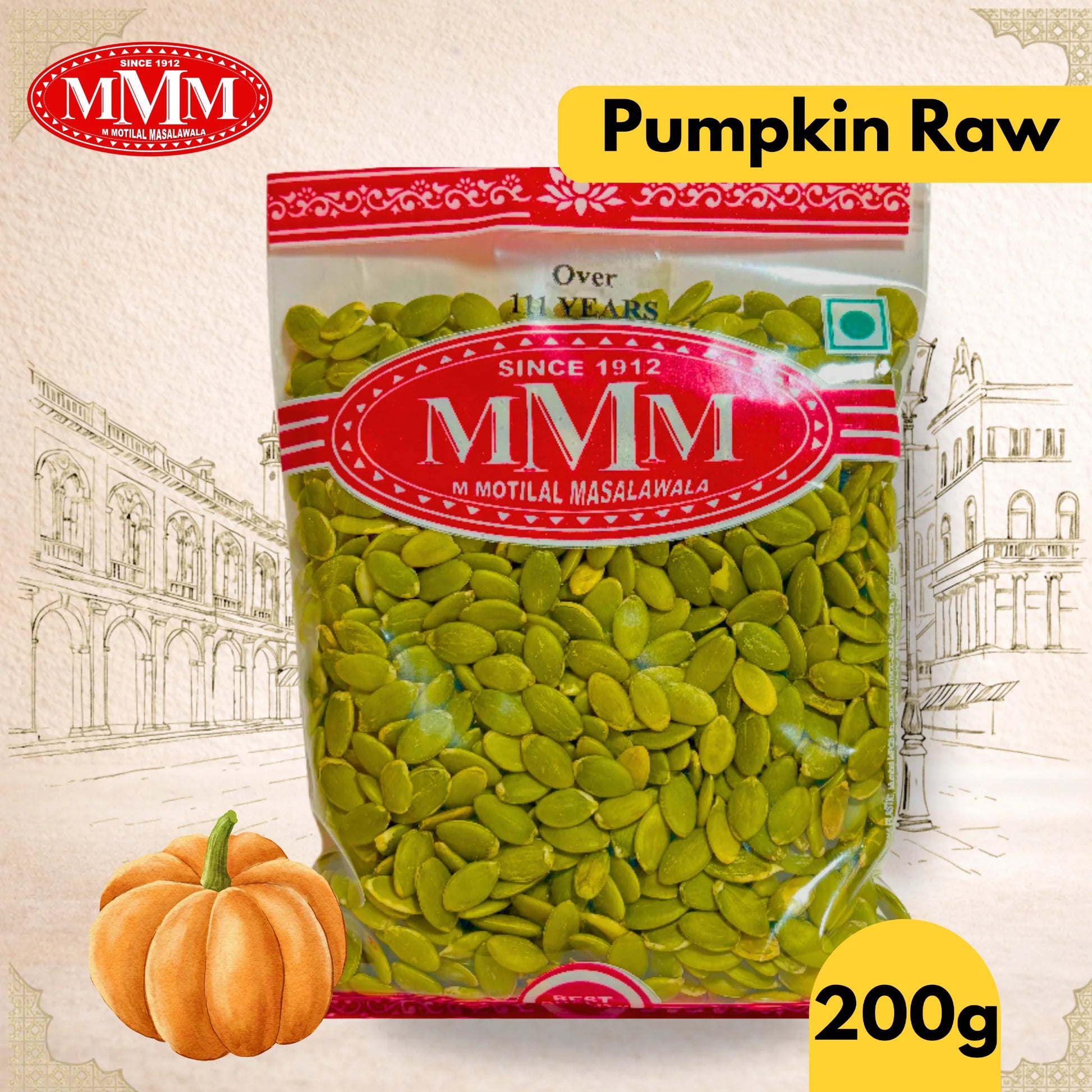Bag of MMM pumpkin seeds with a pumpkin on a decorative background