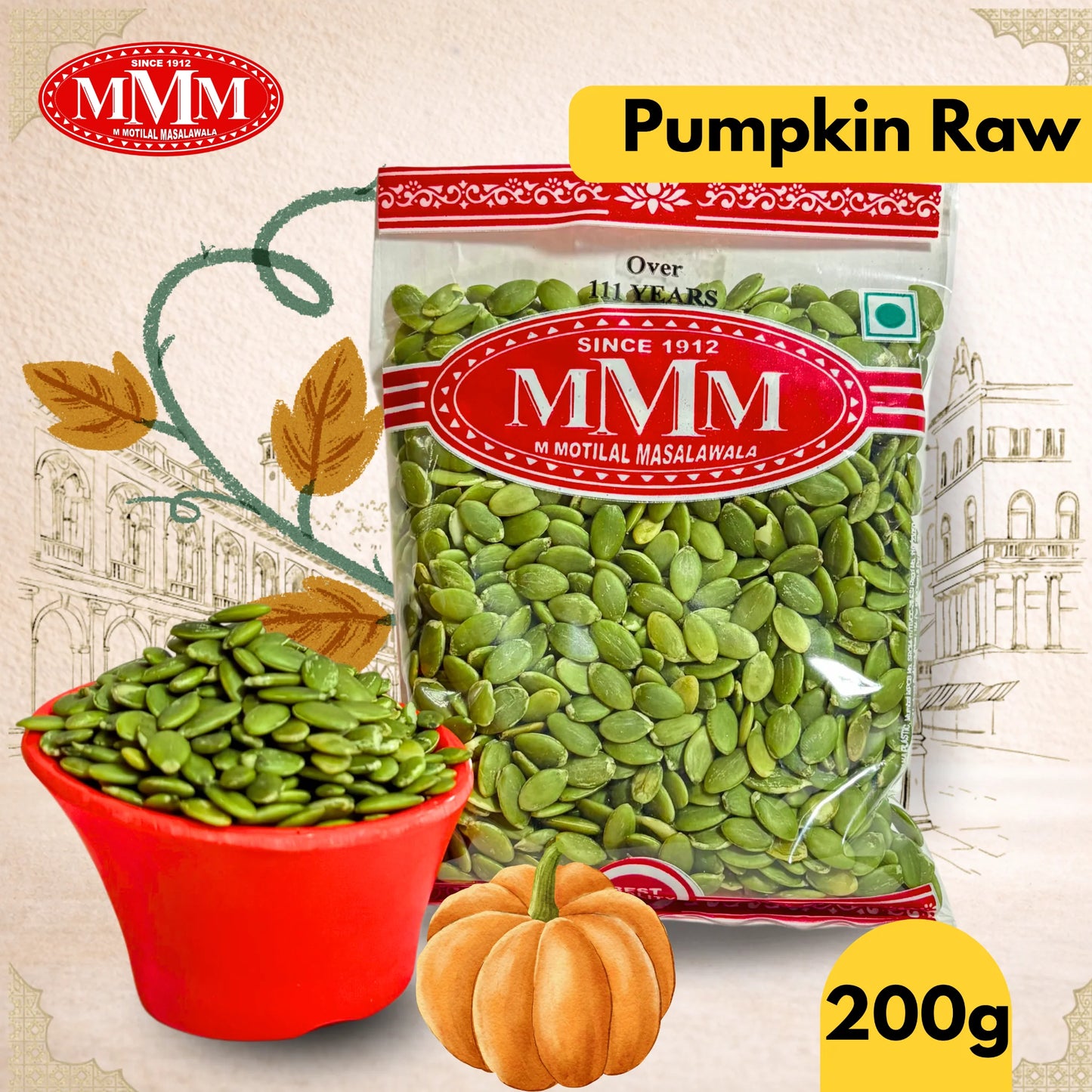 Packaged pumpkin seeds with MVM brand label on a decorative background