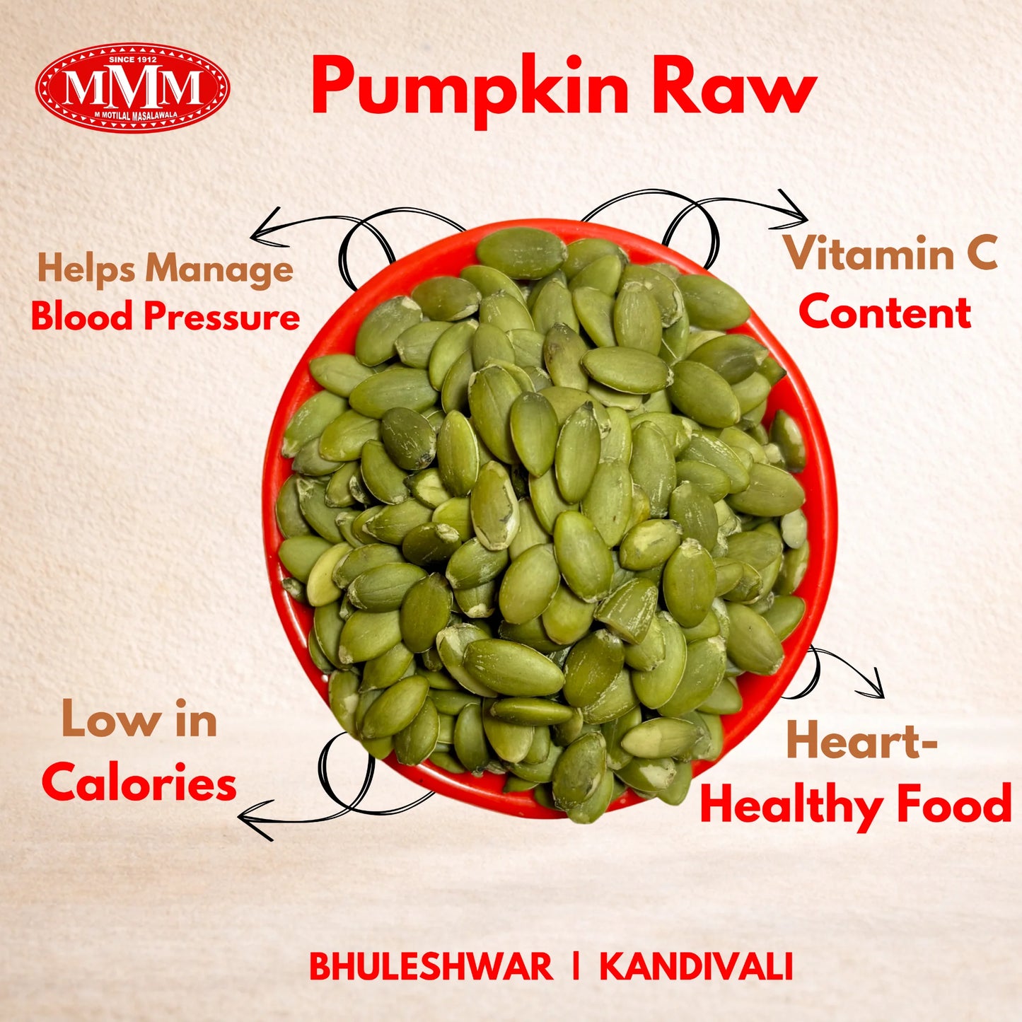 Pumpkin seeds in a red bowl with health benefits text on a beige background