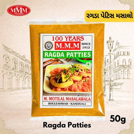 M.M.M Ragda Patties packaging with branding and product details on a decorative background