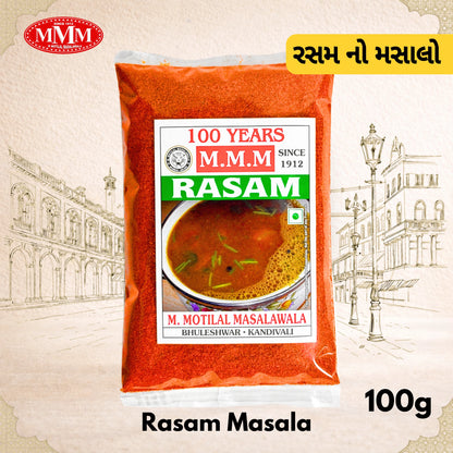MVM Rasam Masala packet with branding and product details on a decorative background