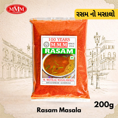 MVM Rasam Masala package with branding and product details on a decorative background