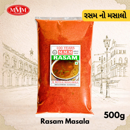 MVM Rasam Masala package with text and building illustrations on a light background