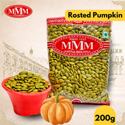 Packaged roasted pumpkin seeds with MMM logo and text on a decorative background