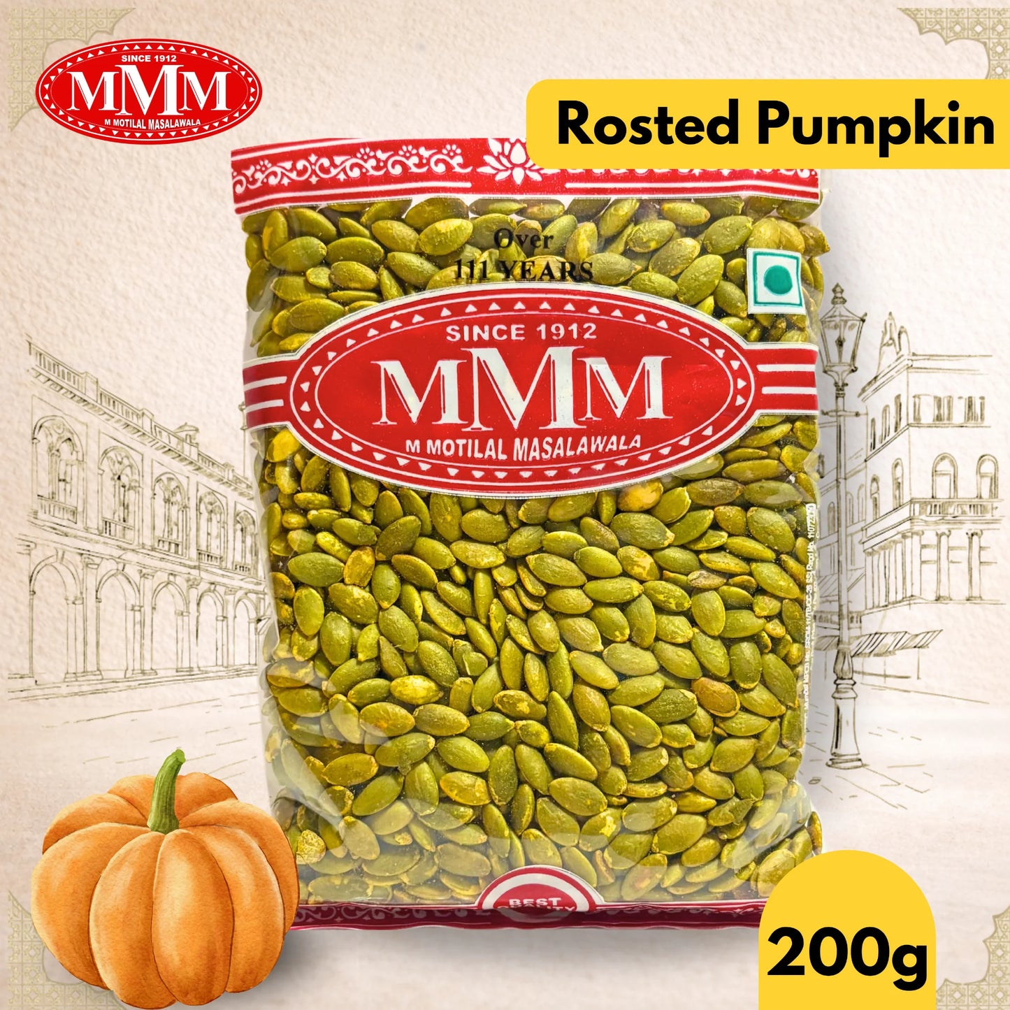 Bag of MMM roasted pumpkin seeds with a pumpkin on a decorative background