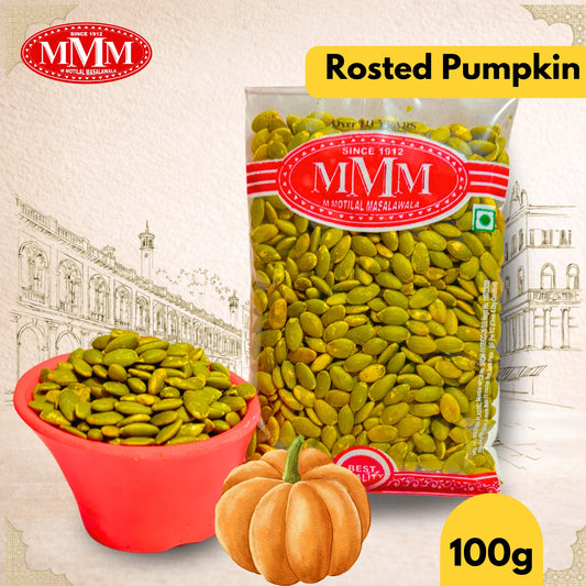 Packaged roasted pumpkin seeds with a bowl and pumpkin on a decorative background, featuring the MMM brand.