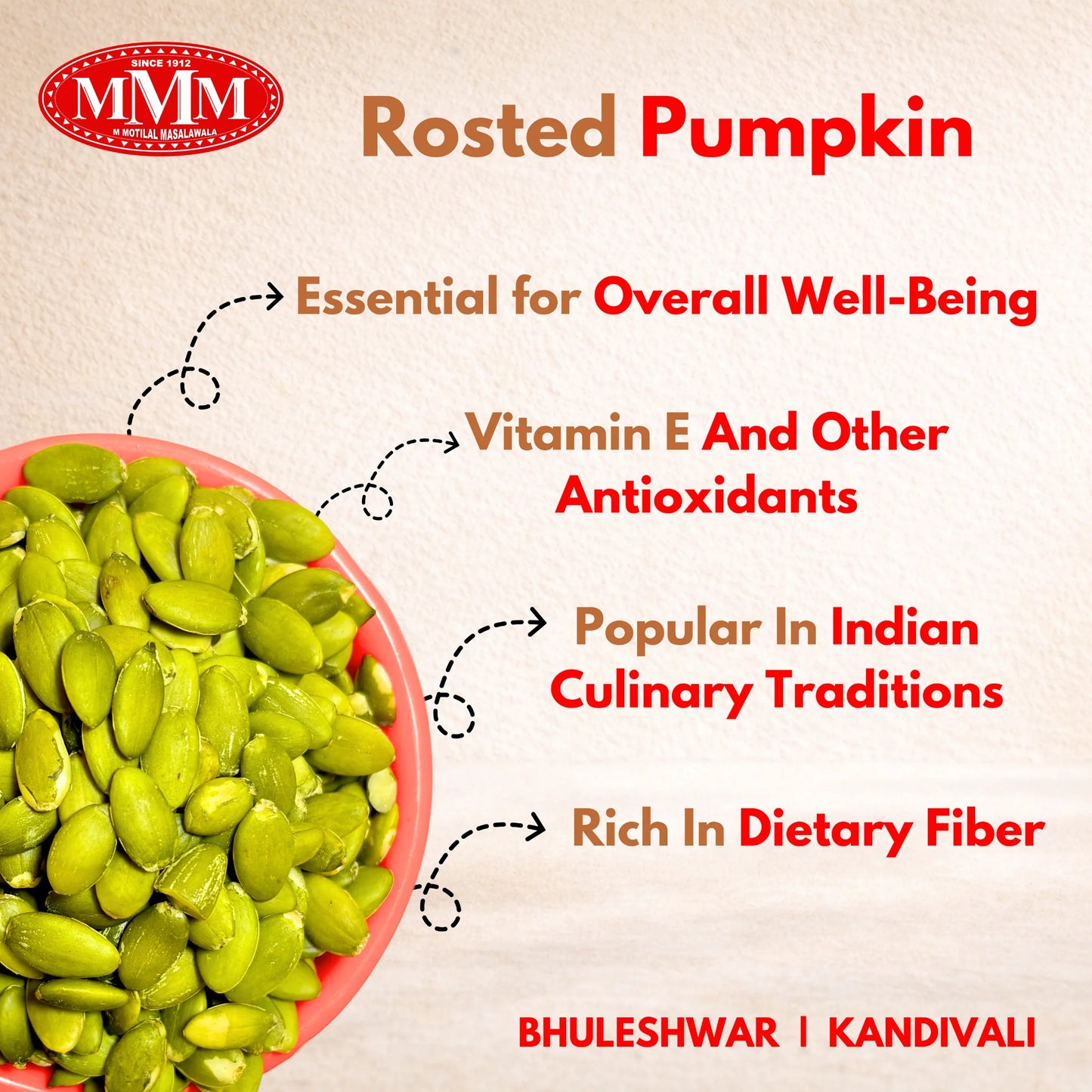 Rostered pumpkin seeds in a bowl with health benefits text on a beige background