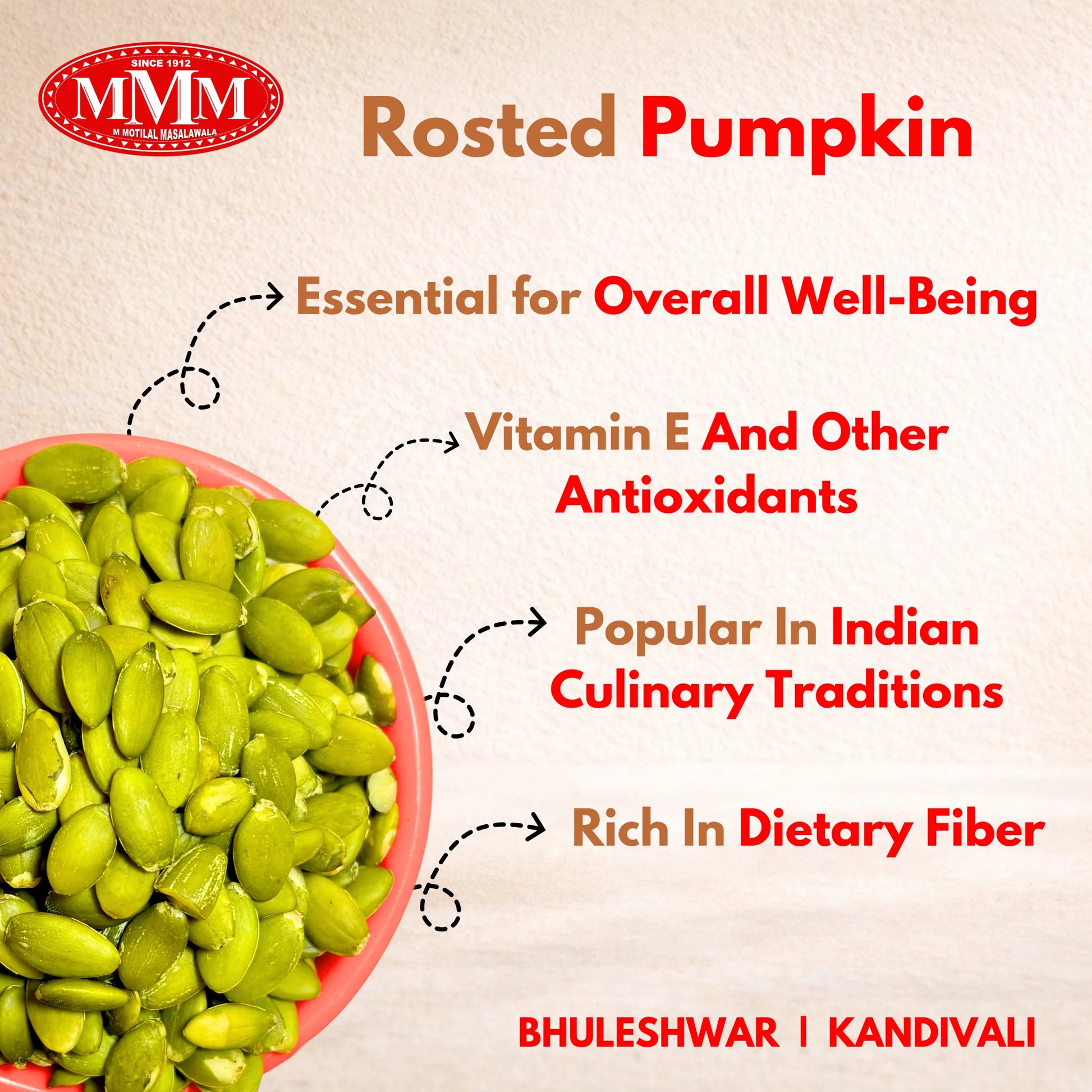 Rostered pumpkin seeds in a bowl with health benefits text on a beige background
