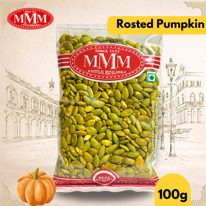 Packaged roasted pumpkin seeds with MMM logo on a decorative background