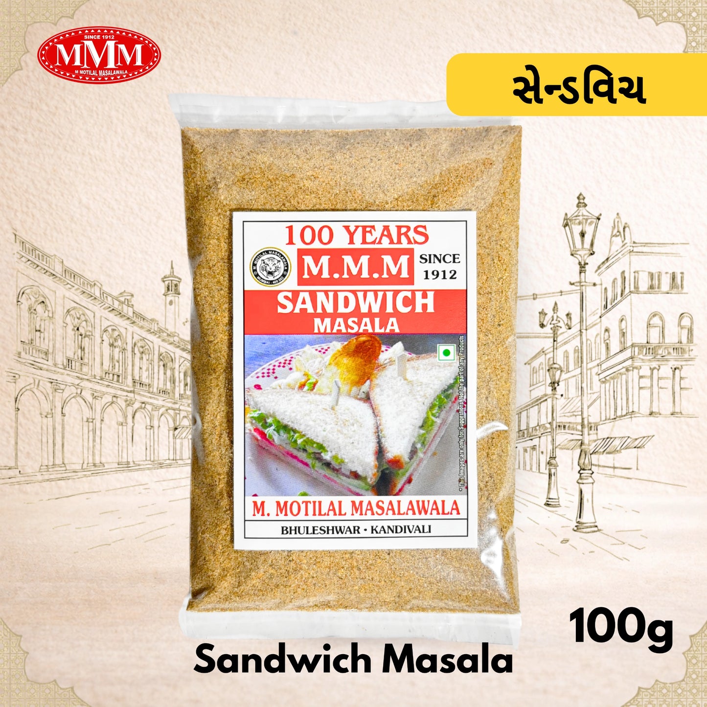 Pack of M.M.M Sandwich Masala with branding and product details on a decorative background.