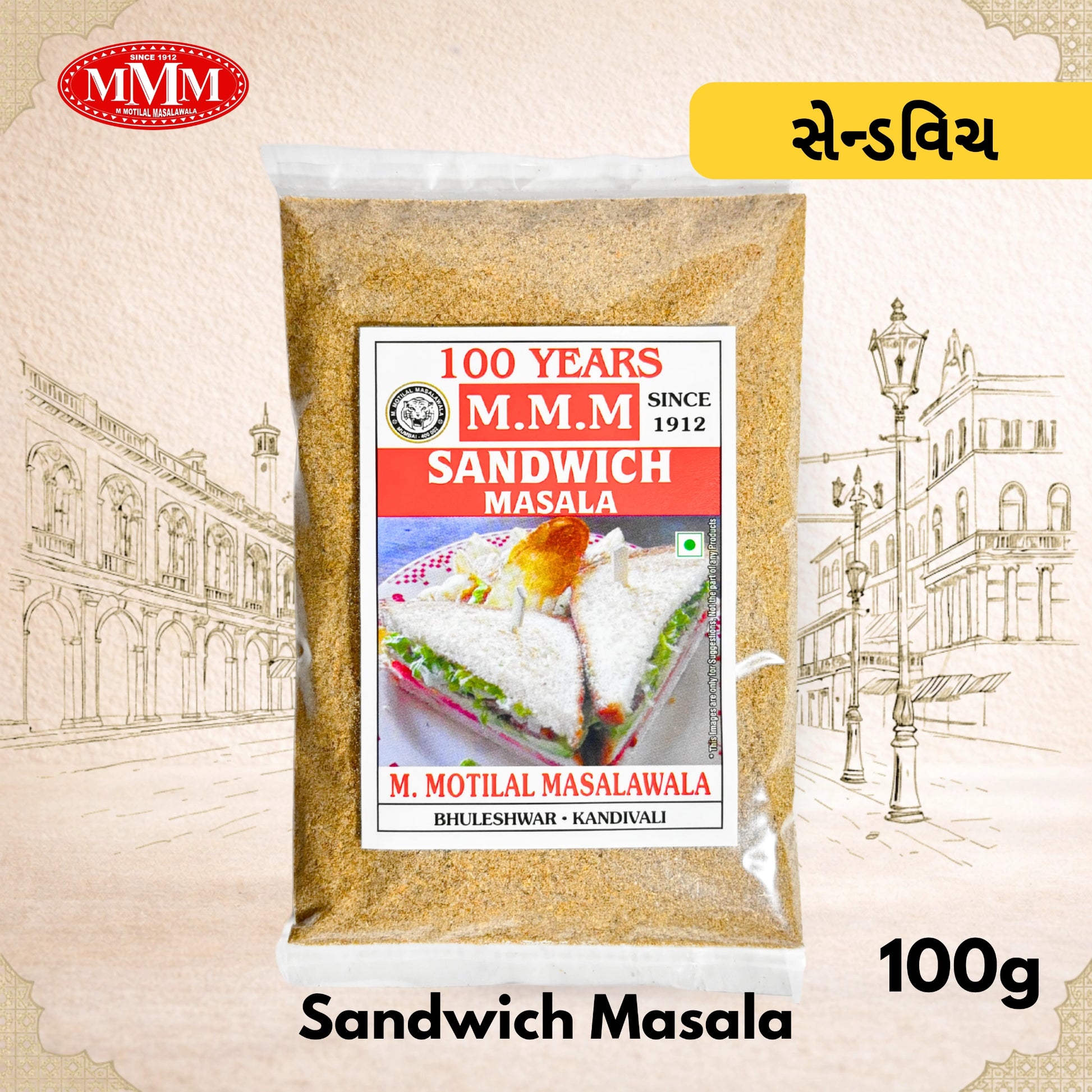 Pack of M.M.M Sandwich Masala with branding and product details on a decorative background.