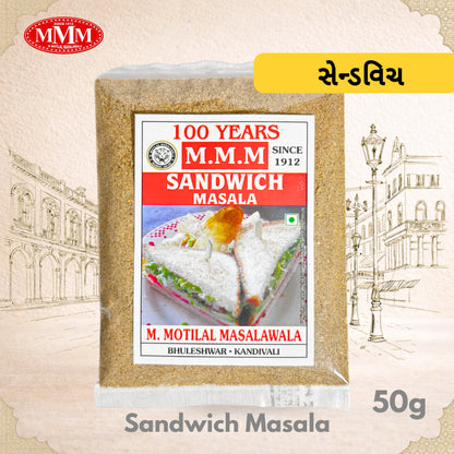 M.M.M Sandwich Masala packaging with branding and product details on a decorative background.