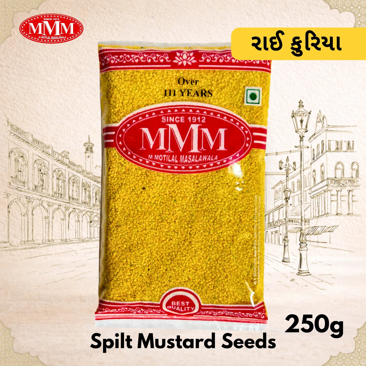 Pack of MMM Spilt Mustard Seeds with branding and product details on a decorative background.