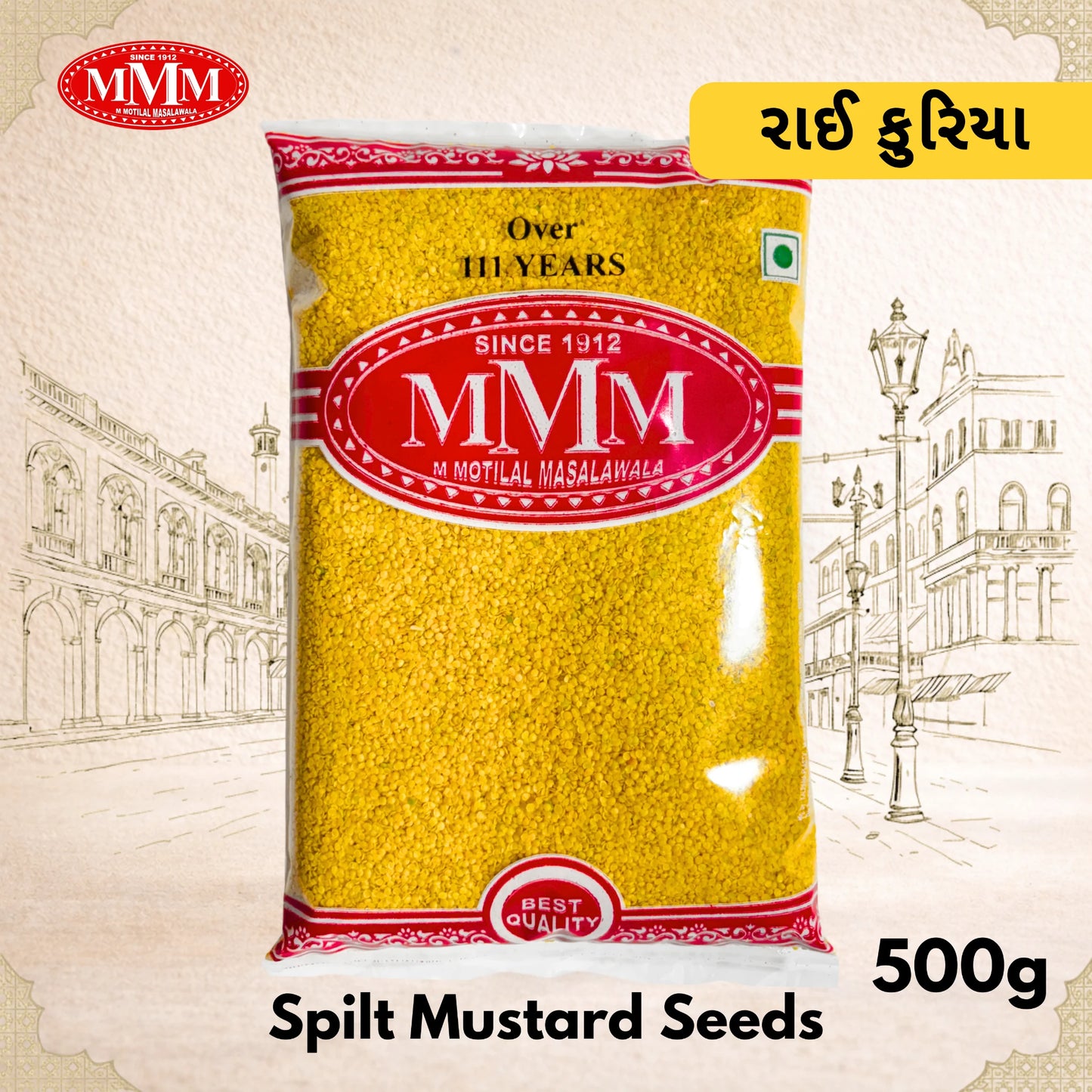 Bag of MMM Spilt Mustard Seeds with red and yellow design on a beige background