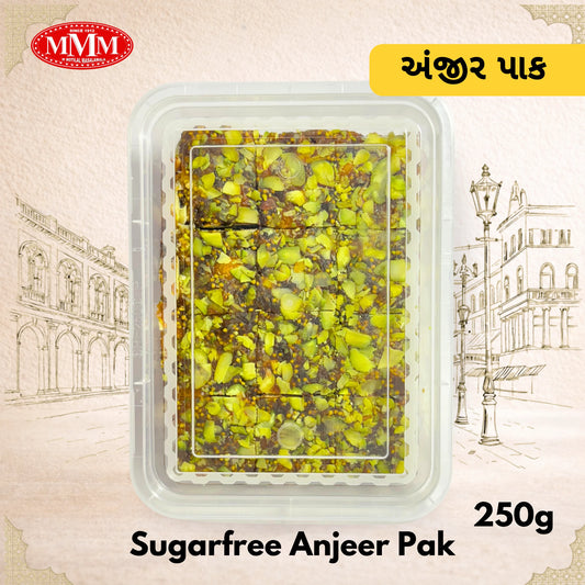 Container of Sugarfree Anjeer Pak with MMM logo and text on a decorative background