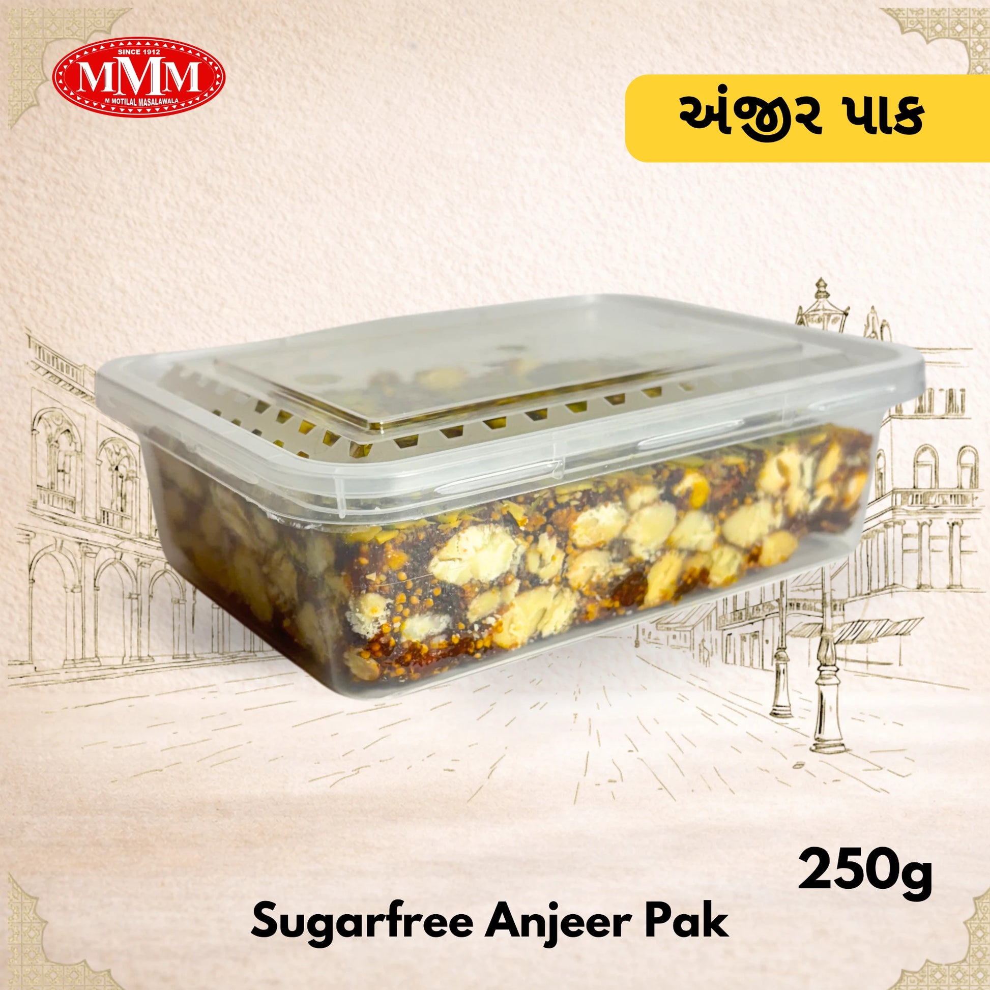 Container of Sugarfree Anjeer Pak with MMM logo and text on a decorative background