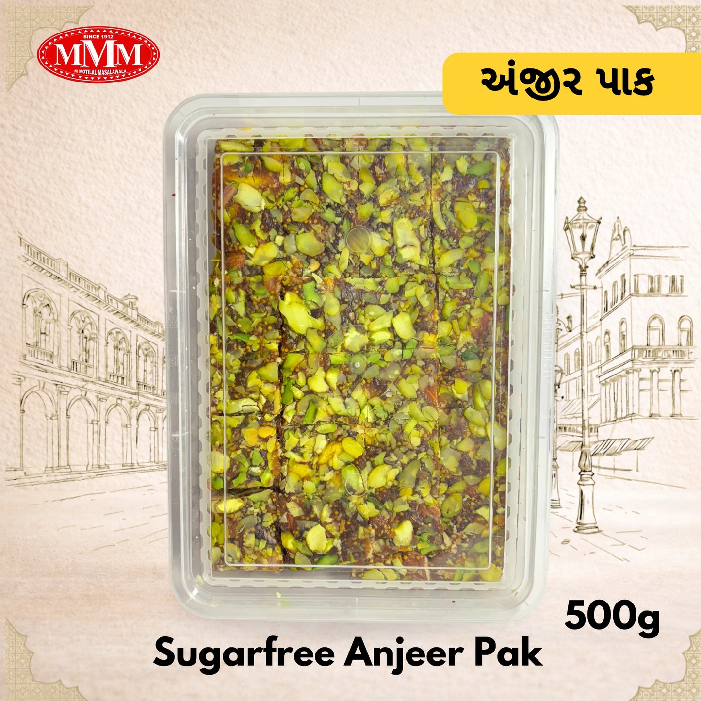Container of Sugarfree Anjeer Pak with MMM logo and text on a decorative background