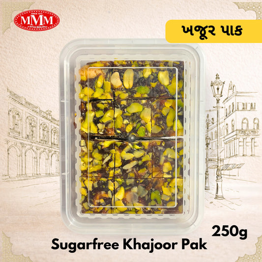 Packaged sugarfree khajoor pak with MMM logo and text on a decorative background