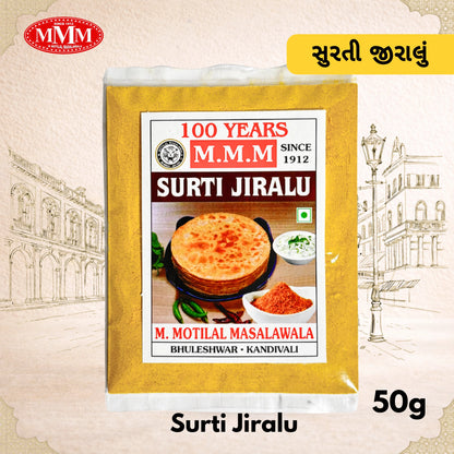Yellow package of M.M.M Surti Jiralu with brand logo and product details on a decorative background.