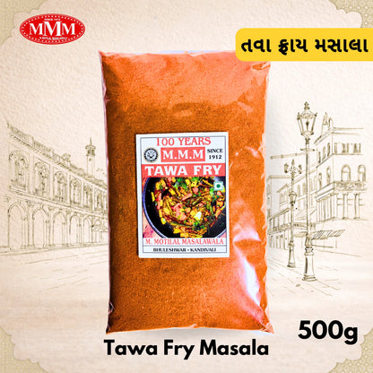 Pack of Tawa Fry Masala with MMM logo on a decorative background