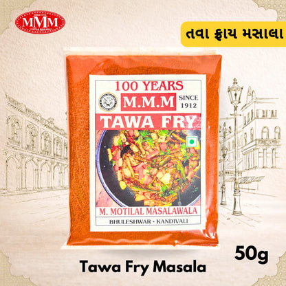 M.M.M Tawa Fry Masala packaging with brand logo and product details on a decorative background.