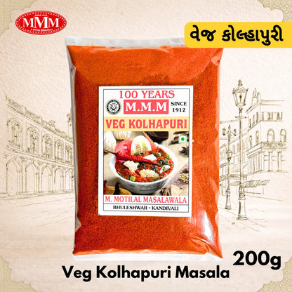 Pack of Veg Kolhapuri Masala with MMM logo and text on a decorative background