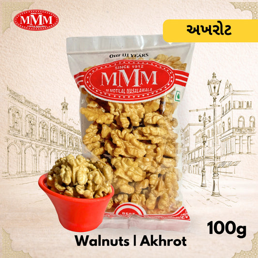 Packaged walnuts with MMM brand label on a decorative background