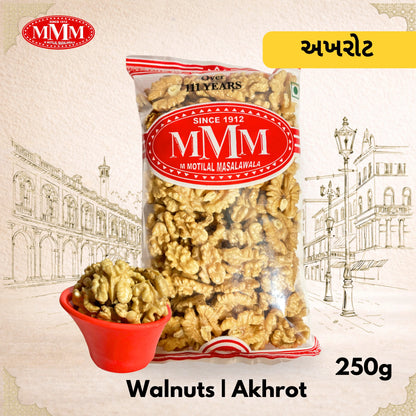 Packaged walnuts with MMM logo on a decorative background
