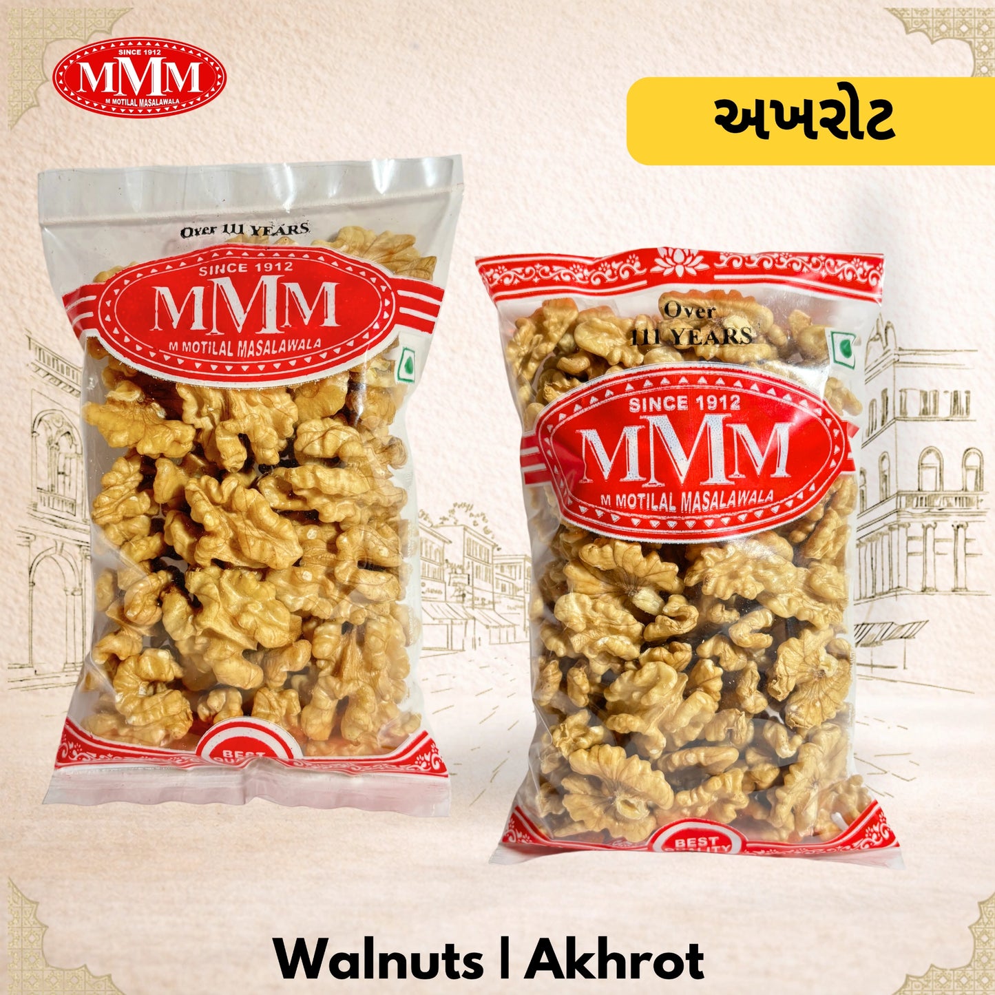 Two packages of MMM walnuts on a decorative background with text and branding.