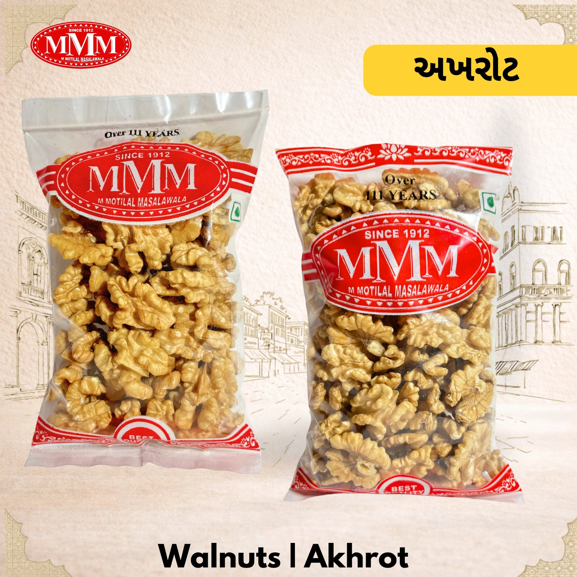 Two packages of MMM walnuts on a decorative background with text and branding.